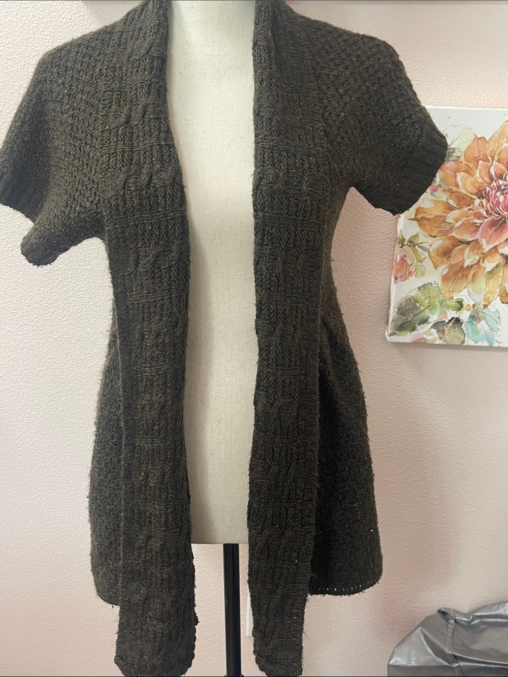 American Rag Dark Olive Short-Sleeve Open-Front Knit Cardigan